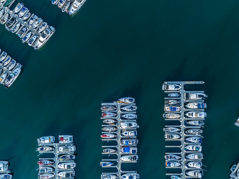 Top down aerial view of Long Beach marina with aligned yacht docks and luxury boats, coastal real estate and investment concept in Southern California