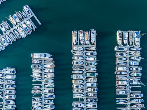 Top down aerial view of Long Beach marina with aligned yacht docks and luxury boats, coastal real estate and investment concept in Southern California
