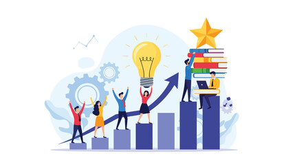 Collaborative business team achieving great success and innovation by building a foundation of knowledge and strategy toward a star goal.