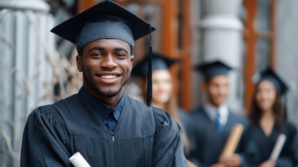 Fototapeta premium Self assured about the future a smiling African American exchange student in a black cap and gown holds a diploma while posing with fellow international graduates
