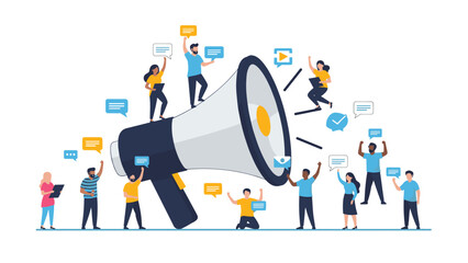 Diverse group of people standing around a giant megaphone sharing ideas and messages through social communication.