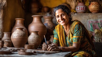 Illustration of a joyful traditional Indian woman potter creating and embellishing a clay pot for sale showcasing handicraft and skill