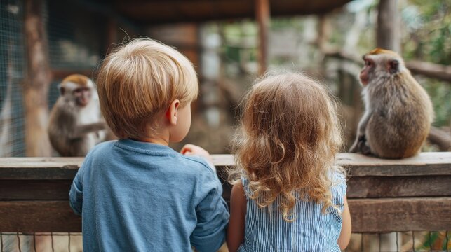 Kids observe amusing macaques during a zoo visit They interact with wild animals at a safari Children feed a monkey and enjoy their pet A child gazes at the macaques