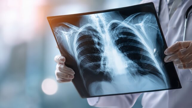 Doctor assessing patient s health for asthma lung disease COVID 19 or bone cancer using chest X ray for medical evaluation