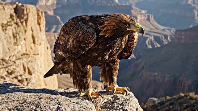 Golden Eagle perched on a rocky cliff with a vast canyon landscape in the background.
