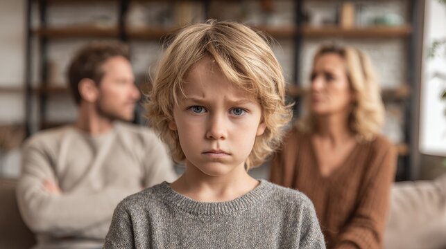 Unhappy child witnesses parents arguing over infidelity and divorce in their home