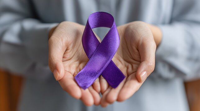 Awareness month for pancreatic cancer Alzheimer s epilepsy lupus and domestic violence woman with purple ribbon supporting those affected Healthcare and cancer awareness theme