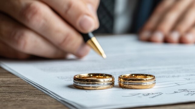 Divorced couple hands rings to lawyer Signing divorce papers Themes of betrayal family loss relationship breakdown and conflict