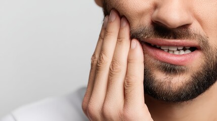 A man with a toothache seeks dental care for gum issues and injury against a white background