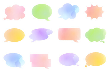 カラフルな水彩グラデーションの多形状吹き出しフレームセット やわらかいにじみ表現の会話用背景素材集