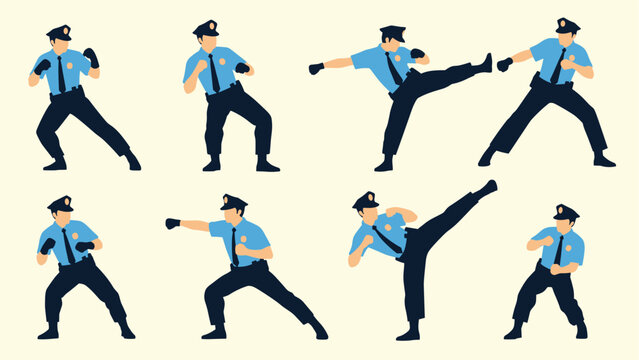 Policeman character set in different fighting and defensive poses for martial arts and combat training design.