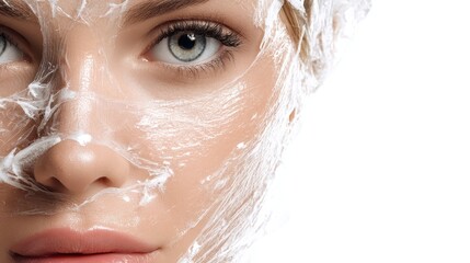 Fototapeta premium Section of a face Image of a young blonde woman in a peel off mask Skincare Isolated on white Studio photo