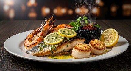 Exquisite Seafood Feast, Culinary Delights, Restaurant Setting, Food Photography, Warm Ambiance, Close-Up View, Gourmet Experience
