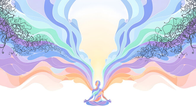 Stylized illustration of a person meditating with vibrant, flowing aura energy, symbolizing spiritual healing and chakras.
