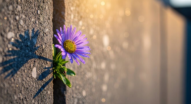 Resilient purple flower with water droplets growing from concrete crack in golden sunlight, symbolizing growth and strength.