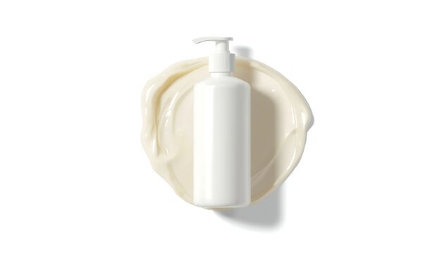 A white pump-action lotion bottle rests elegantly on a perfectly formed blob of its creamy contents.