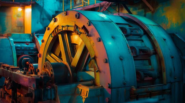 Massive industrial machinery with large gears and bolts illuminated by dramatic lighting