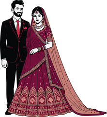 Flat vector illustration of a traditional Indian wedding couple with a groom in a black suit and a bride in a maroon lehenga