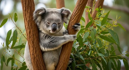 Obraz premium A koala bear clings to a tree trunk, looking directly at the camera with lush green leaves in the background, on World Wildlife Day