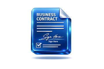 A sleek, metallic blue floating document icon with a holographic effect, showing a business contract, set against a white background.
