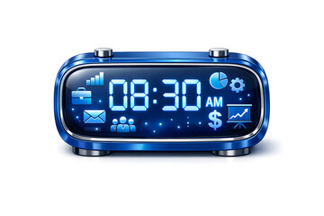 A sleek, metallic blue digital clock with business icons inside, displayed on a white background.