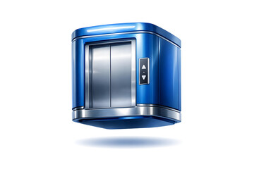 A sleek, metallic blue elevator with polished surfaces and business professionals inside, rising smoothly against a white background.