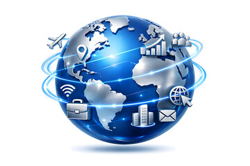 A sleek, metallic blue globe with glowing digital lines and international business icons, set against a white background.