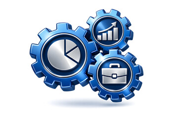 A set of sleek, metallic blue interlocking gears with a smooth surface and digital business symbols inside, displayed against a white background.