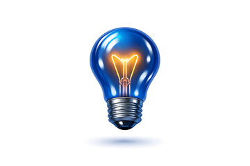 A sleek, metallic blue light bulb with a glowing filament, emitting light particles representing business ideas, set against a white background.