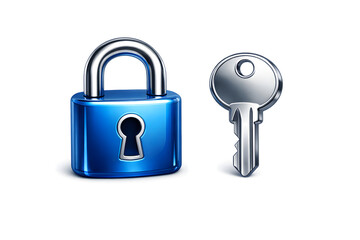 A sleek, metallic blue lock and key with shiny surfaces, representing business protection, set against a white background.
