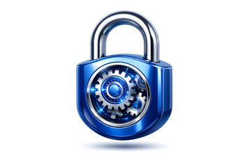 A sleek, metallic blue lock with smooth, polished surfaces and rotating digital gears inside, displayed against a white background.