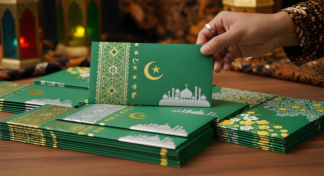 Hand Holding Green Islamic Eid Mubarak Envelope with Moon and Mosque Design, Eidi Money Gift Packets