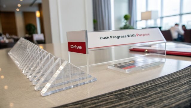 Clear Acrylic Displays on Table Showcasing "Drive" and "Dush Progress With Purpose" Inspirational Messages