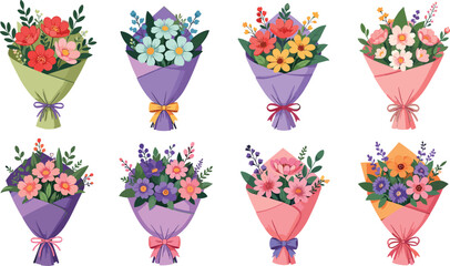 Flat vector illustration set of eight colorful flower bouquets wrapped in paper with bows for wedding celebrations Valentine's Day and romantic floral branding designs