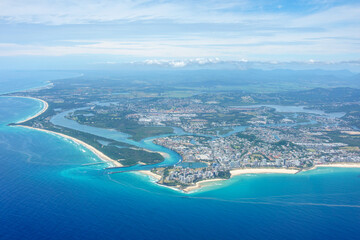 Aerial view of Twin Towns Tweed Heads and Coolangatta in New South Wales, Australia, located at the border with Queensland.