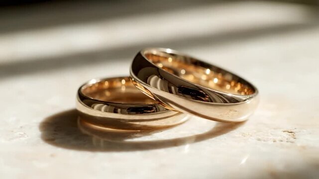 Two shiny gold wedding bands symbolize commitment and partnership in warm light