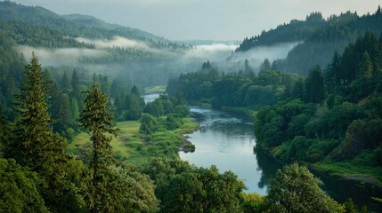 Obraz premium willamette. Willamette River winding through misty Oregon valley at sunrise. travel magazines, destination branding, designed for travel destination branding, used by clinicians.