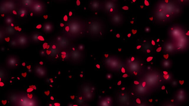 Dark background animation  red heart-shaped objects of varied sizes,  depth and dimension