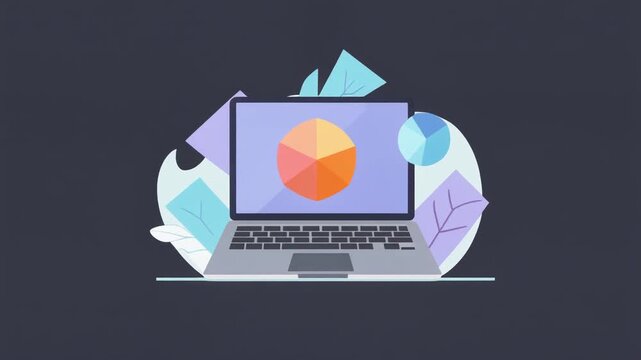 Laptop with colorful pie chart on screen surrounded by abstract shapes.