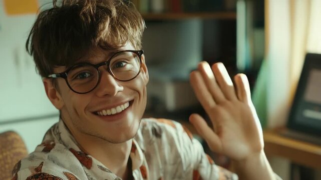 A young man waving with a smile, wearing glasses and patterned shirt in an indoor setting.