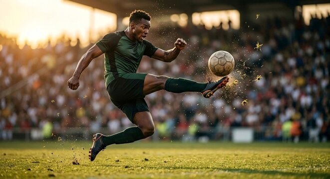 Dramatic action shot of a male soccer player forcefully kicking a ball mid-air during a sunset match. Intense energy and athletic determination.