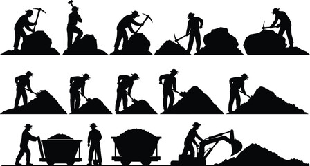 Coal miner silhouettes with pickaxe, shovel and mining cart isolated on white background for underground industry, excavation and mineral extraction concepts © Shahariar's World