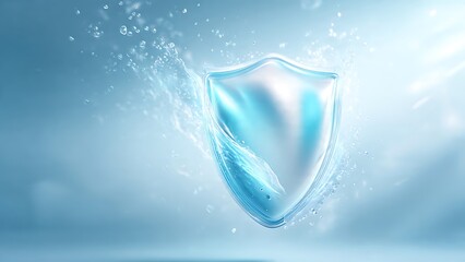 Dynamic water shield providing ultimate protection and refreshing defense against external elements, symbolizing robust security and pure hydration in a luminous environment
