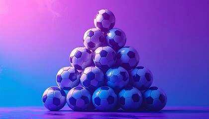 Fototapeta premium A pyramid stack of soccer balls on a purple blue gradient