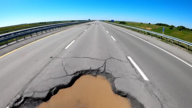 Extensive highway damage large potholes cracked asphalt deteriorated road