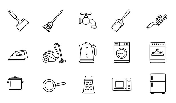 Minimal Outline Home Cleaning and Kitchen Appliance Icon Collection