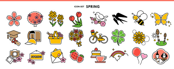  春のカラフルアイコンセット｜花・入学・卒業・さくら・菜の花・うめ｜フラットベクター素材
