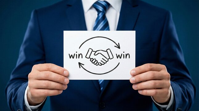 Corporate businessman holding white paper card featuring hand drawn handshake and win win text with circular arrows representing successful negotiation mutual agreement partnership and business deal.