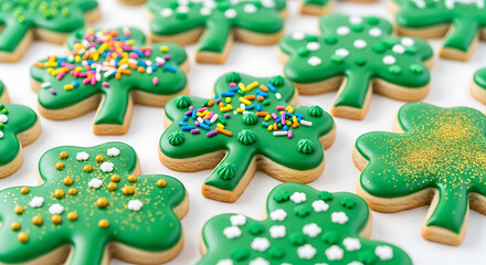 Obraz premium A row of green cookies with white and gold sprinkles on them. The cookies are shaped like shamrocks