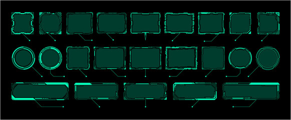 サイバーシステムHUD吹き出しフレームセット グリーン ネオンUI 分析レーダー風ベクター素材